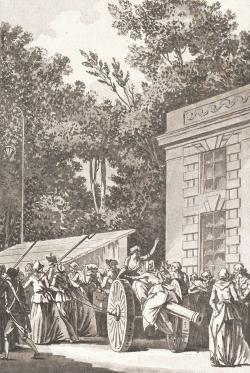 le motif central rappelle que le cortège féminin, escorté de quelques gardes nationales, s’est emparé des canons du Châtelet avant de prendre la route de Versailles 