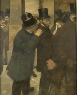 Edgar Degas a justement représenté des hommes d’affaires en redingote et chapeau haut de forme, comme le veut la mode bourgeoise de l’époque, qui s’entretiennent sous le péristyle du palais Brongniart.