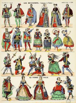 La lithographie regroupe dix-neuf personnages des Huguenots (1836), opéra en cinq actes de Scribe et Meyerbeer, et cinq personnages du Verre d’eau, comédie en cinq actes de 1840. 