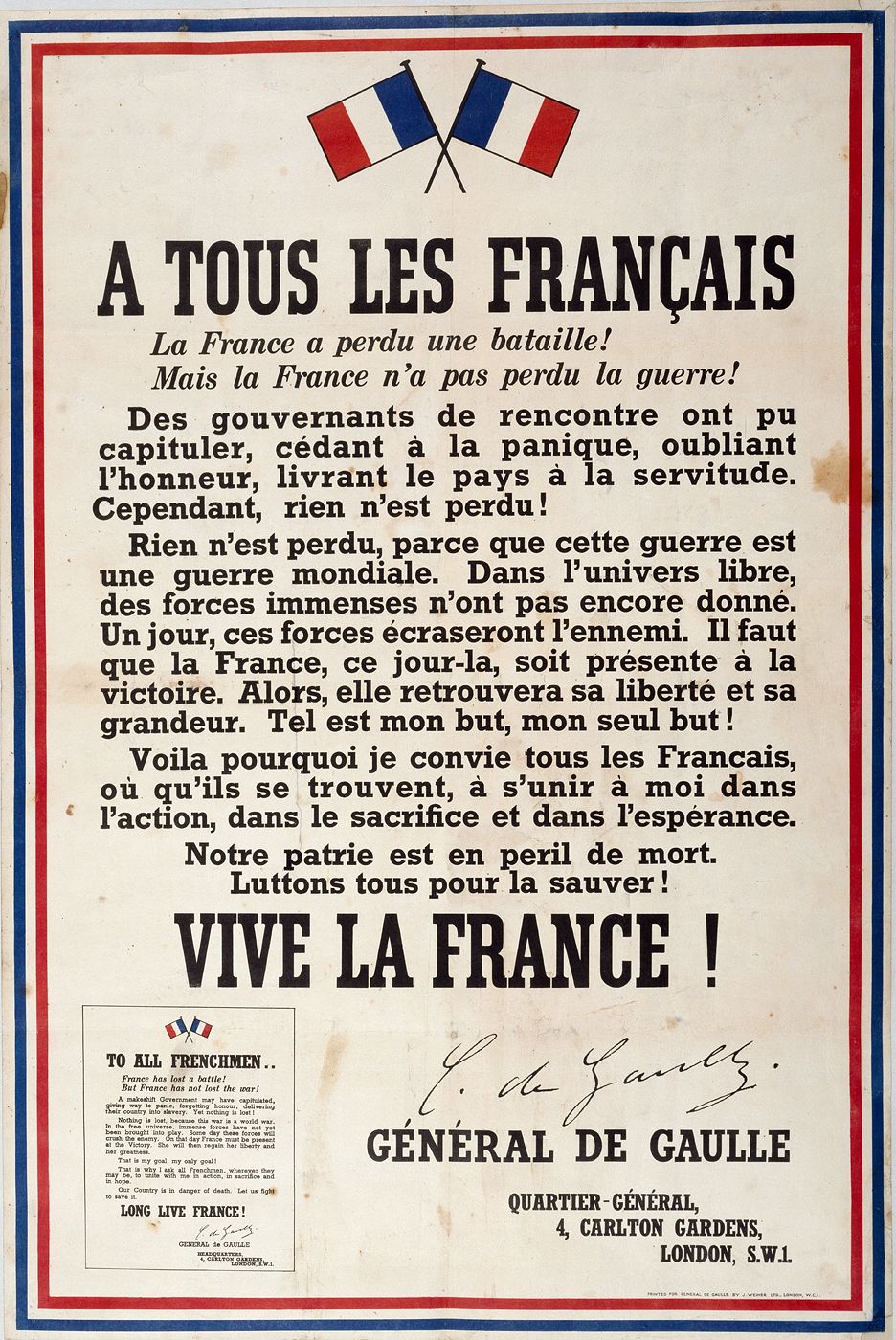 Plaque émaillée Appel du 18 Juin De Gaulle A tous les Français 