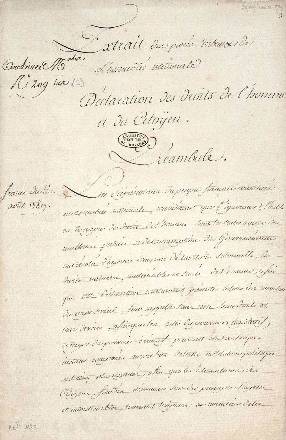 Déclaration des droits de l'homme et du citoyen, 26 août 1789.