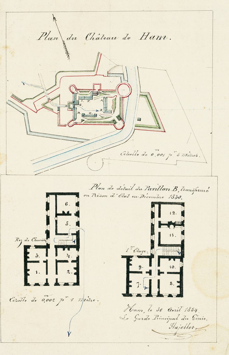 Plan du Château de Ham avec le tracé du parcours effectué par L. N. Bonaparte lors de son évasion, le 25 mai 1846.