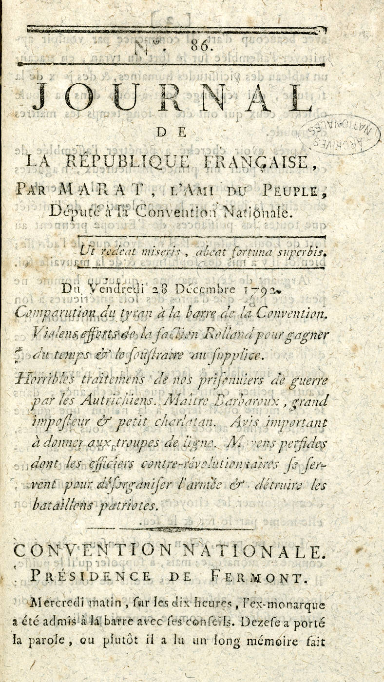 Journal de la République française, par Marat, L'Ami du peuple, n° 86. Vendredi 28 décembre 1792.