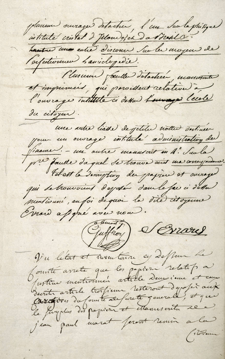 Inventaire des papiers en la possession de la veuve Marat par le Comité de Sûreté générale.