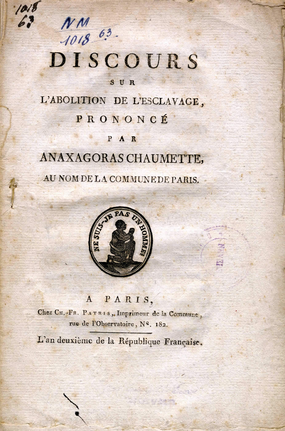 Discours sur l'abolition de l'Esclavage d'Anaxagoras Chaumette. Page de Titre.