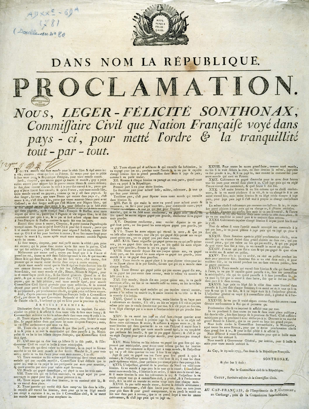 Proclamation de l'abolition de l'Esclavage par Sonthonnax, commissaire de la République, en créole. 29 août 1793.