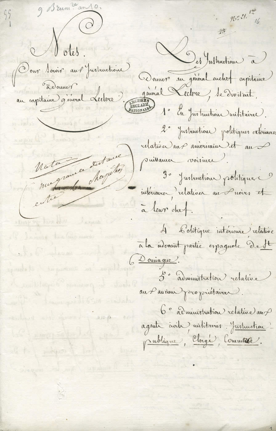 Instructions secrètes données par Bonaparte pour l'expédition Leclerc à Saint-Domingue.