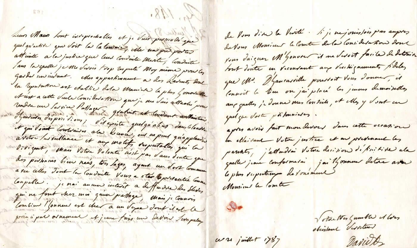 Lettre autographe de J. L. David au Comte d'angiviler. 21 juillet 1787, f.2-3.