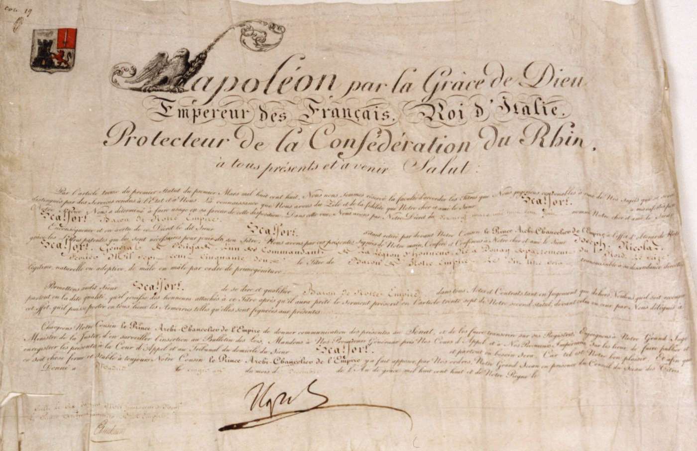 Lettres patentes scellées conférant le titre de baron au général Scalfort.