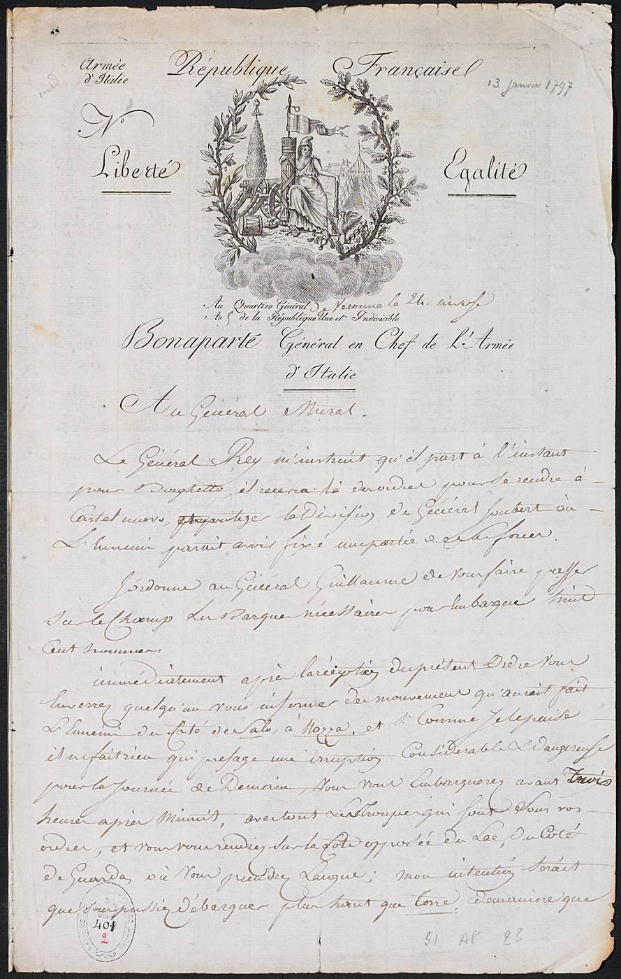 Papier à vignette de l'armée d'Italie, à en-tête du général en chef Bonaparte.
