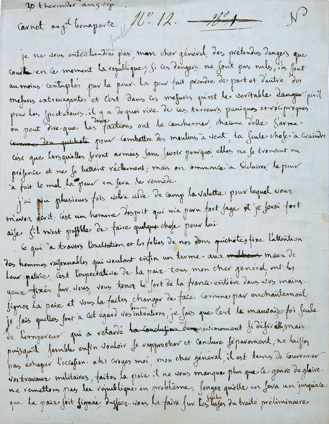Minute autographe de lettre de Carnot à Bonaparte (p.1).