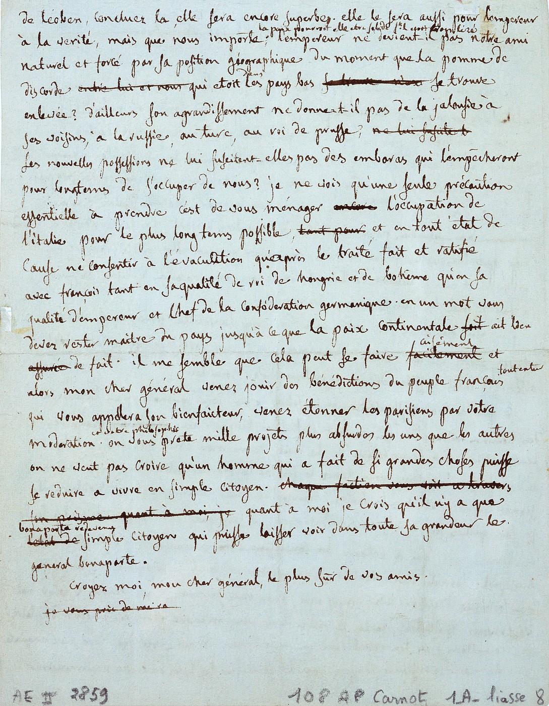 Minute autographe de lettre de Carnot à Bonaparte (p.2).