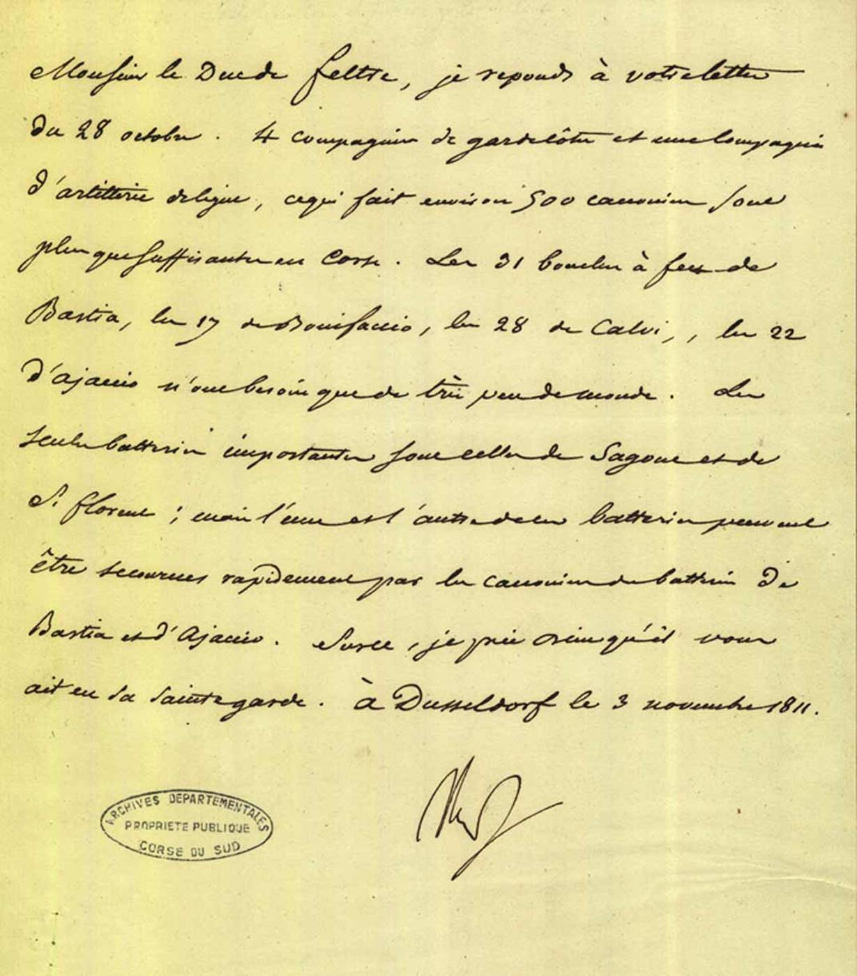 Lettre de Napoléon Ier au ministre de la Guerre, Clarke, duc de Feltre, 3 novembre 1811.