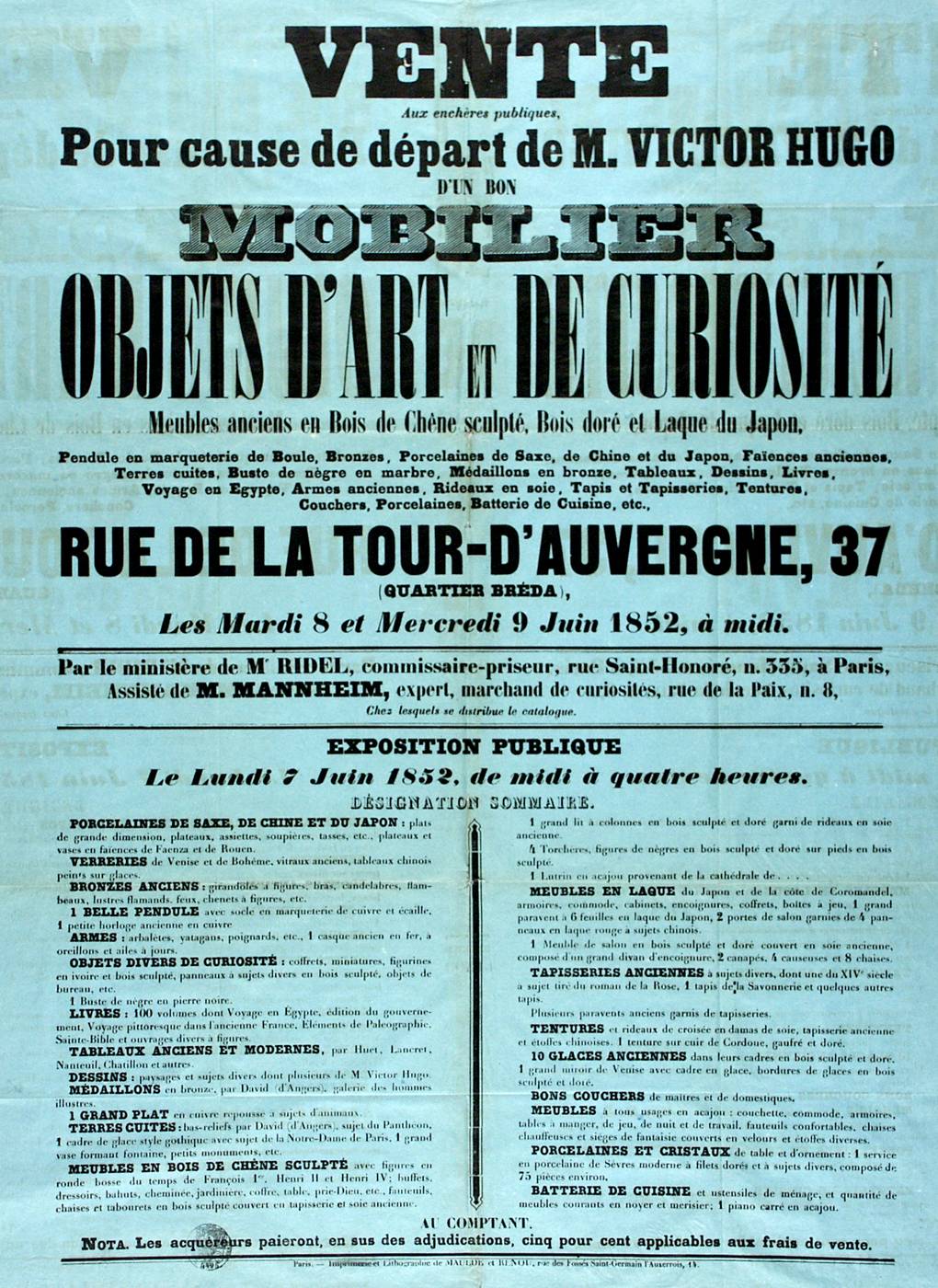 Affiche de vente aux enchères publiques du mobilier de Victor Hugo.