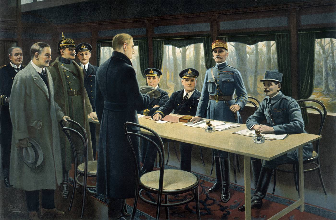 Signature de l'armistice le 11 novembre 1918 à Compiègne dans un wagon.