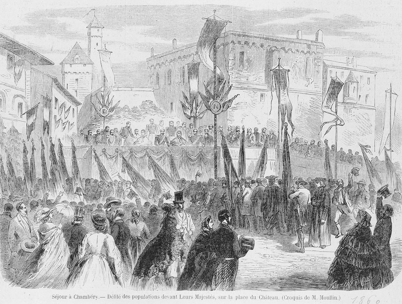 Séjour à Chambéry - Défilé des populations devant Leurs Majestés, sur la place du Château.