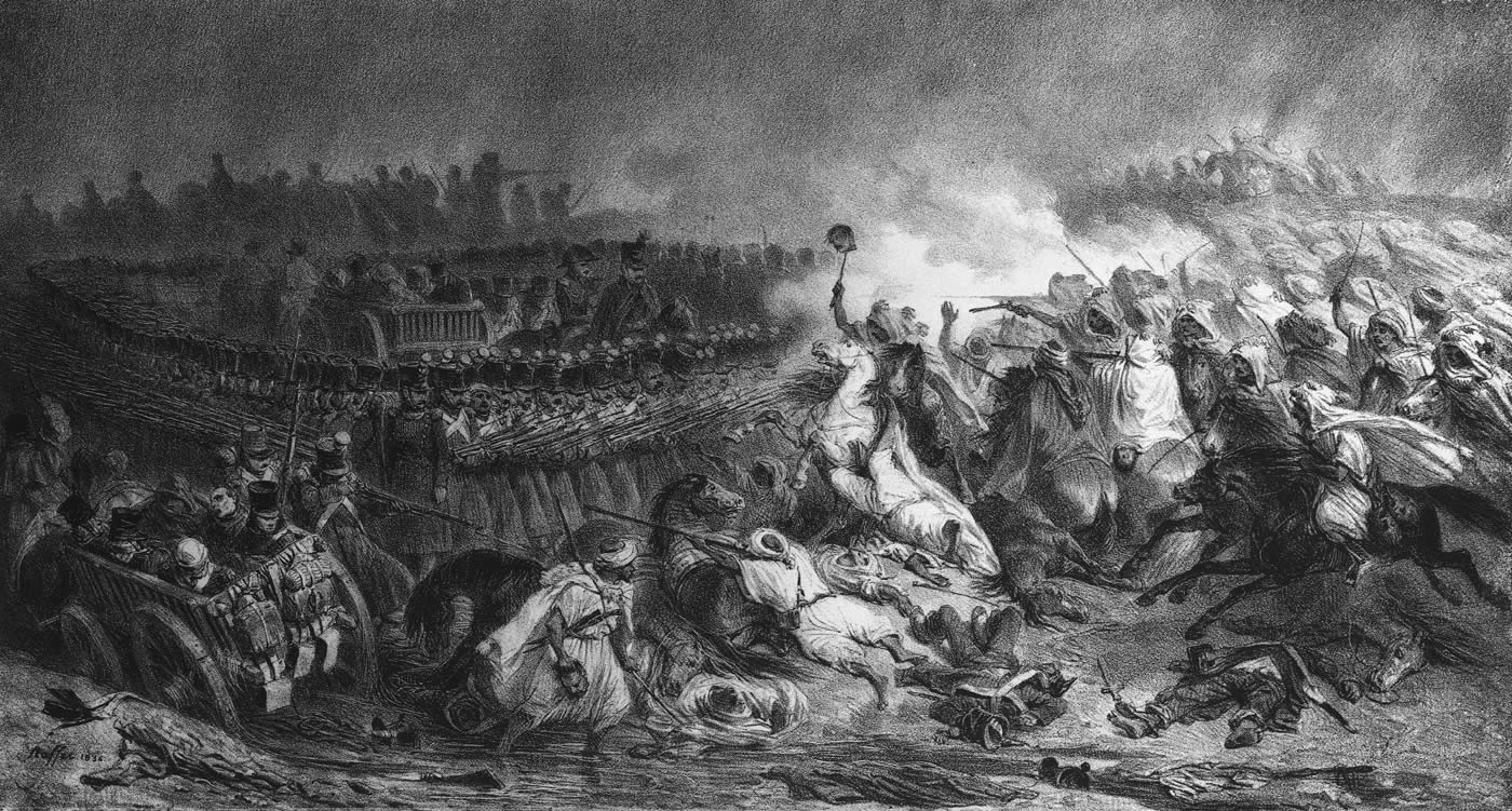 Episode de la retraite de Constantine en novembre 1836, le carré du maréchal Changarnier attaqué par les arabes.