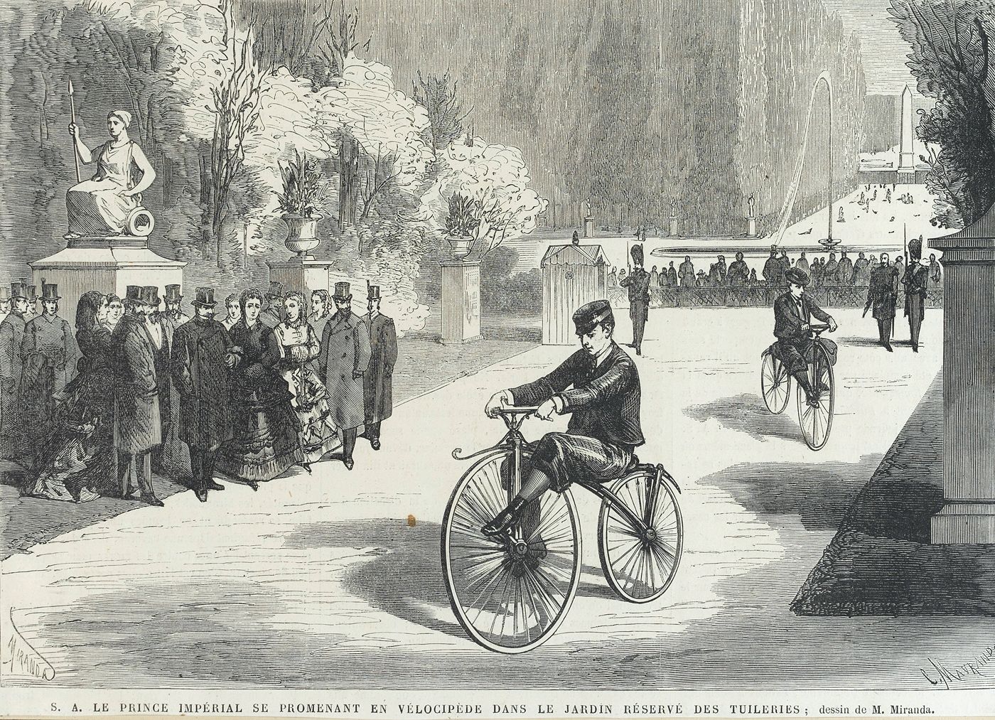 Le Prince impérial se promenant en vélocipède dans le jardin des Tuileries