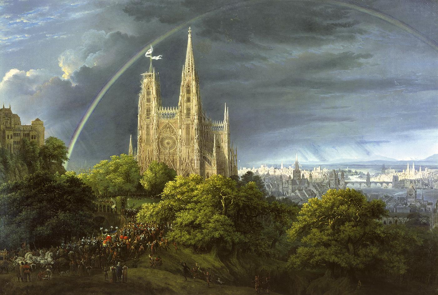 Ville médiévale au bord d'un fleuve.  Karl Friedrich SCHINKEL (1781 - 1841)