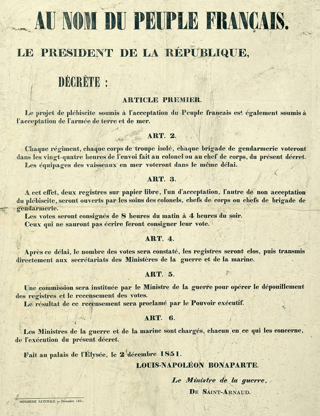Affiche pour le referendum de décembre 1851.