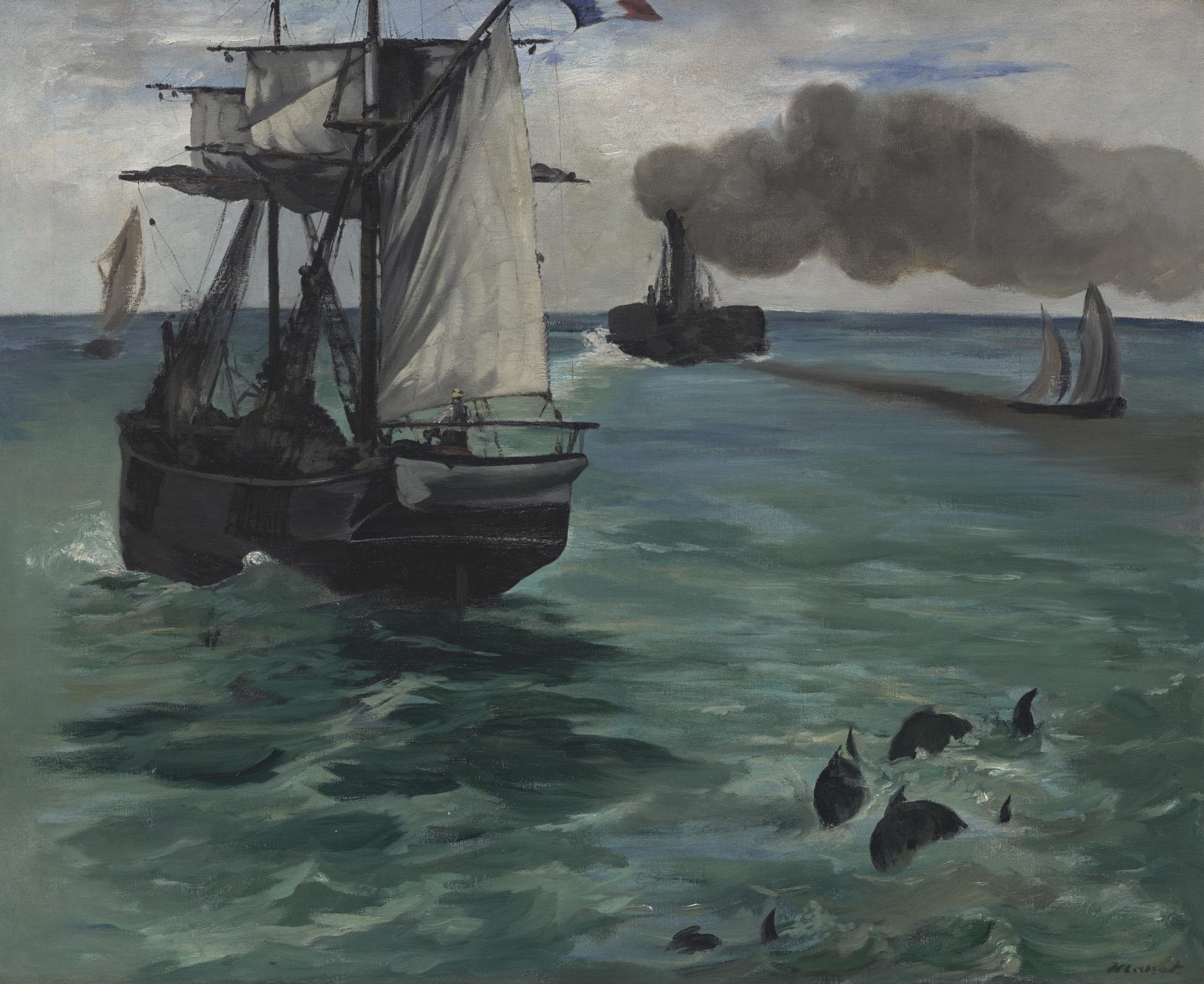 Le bateau à vapeur. Paysage marin avec des marsouins - Edouard Manet