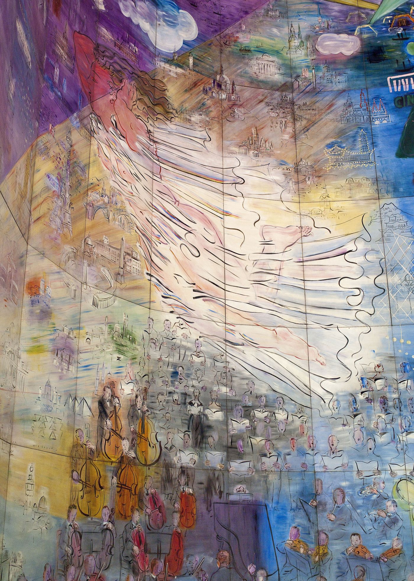 femme nimbée de voiles transparents volant et orchestre