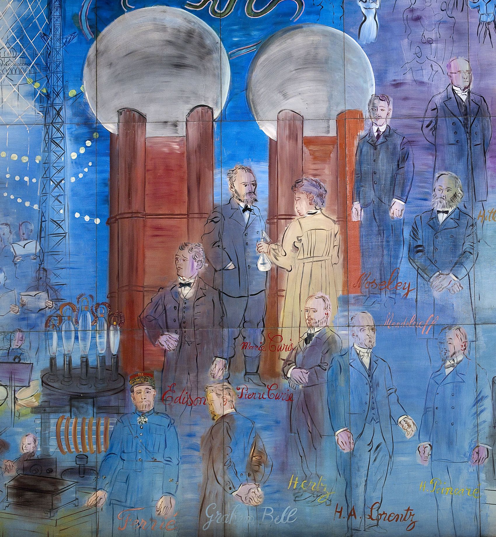 Pierre et Marie Curie, devant la grande machine électrostatique du palais de la Découverte