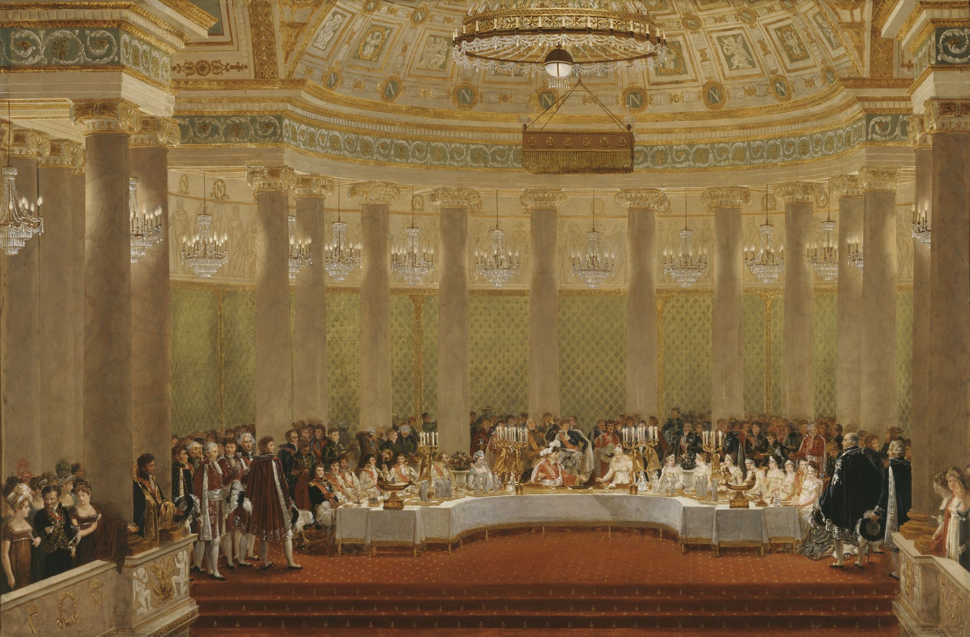 Assis au centre, Napoléon invite de la main Marie-Louise à se servir.