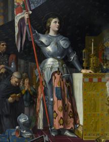 Jeanne d'Arc en armure tenant l'oriflamme