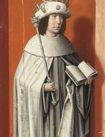 Le roi Louis IX debout avec un livre et le sceptre, en camaïeu