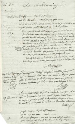 L’adoption de la Constitution de l’An III suscite la déclaration par chaque député, de sa situation personnelle. De sa propre main, Belley révèle qu’il était né à l’île de Gorée au Sénégal, sans doute en 1747. 