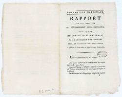Archive du rapport sur les principes du gouvernement révolutionnaire fait au nom du Comité de salut public, par Maximilien de Robespierre.