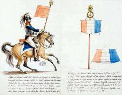 A gauche un porte-drapeau de cavalerie de l'armée napoléonienne, à droite un projet de drapeau trapézoïdal à glands