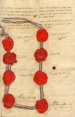 Il comprend les textes français et anglais de nomination des plénipotentiaires, des vingt-deux articles du traité proprement dit au bas desquels figurent les doubles signatures et cachets de cire rouge des ministres, d’un article séparé,