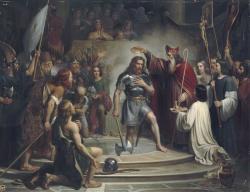 Baptême de Clovis à Reims le 25 décembre 496 Dejuinne François-Louis (1786-1844) Clovis est représenté appuyé sur sa francisque, une jambe dans le bassin ; Baptême donné par saint Rémy