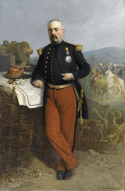 Bazaine est ici portraituré sur le terrain de la campagne militaire du Mexique. Le vainqueur de Puebla pose avec dignité