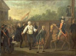 Le deuxième tableau évoque le moment où Louis XVI, prêt à monter sur l’échafaud, se retourne vers le peuple pour s’adresser à lui 