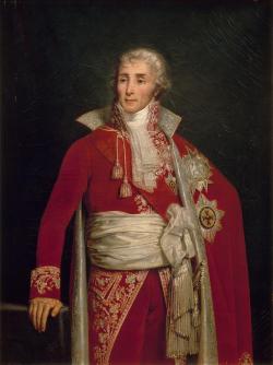 Il porte le manteau de cour orné des plaques de grand-croix de la Légion d’honneur et de l’ordre de Léopold II d’Autriche,