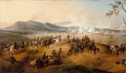 La bataille fait rage au fond de la composition, tandis qu’au centre Bonaparte entouré de son état-major et de soldats 