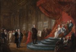 Franklin revendique les droits sur les colonies américaines devant Louis XVI