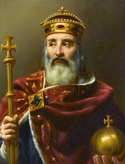 Charlemagne avec le sceptre, le globe et la couronne en manteau rouge