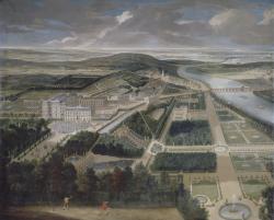 Vue cavalière du château, jardins bas et de la ville de Saint-Cloud