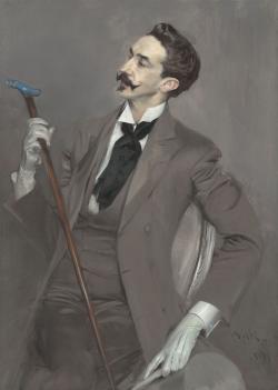 Robert de Montesquiou, assis, de profil, la diagonale du corps contrebalancée par celle de la canne, toile tout en nuances de gris nacré qu’il présente au Salon de la Société nationale des beaux-arts de 1897