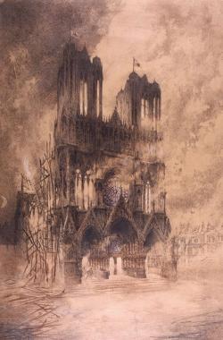 La cathédrale où furent sacrés les rois de France n’est plus qu’une ruine fumante, avec des drapeaux de la Croix-Rouge sur les tours.