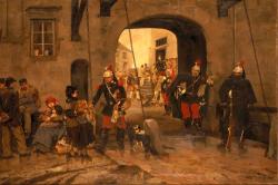 Le tableau représente une scène authentique : le dimanche, des cuirassiers à la porte de leur quartier, situé vraisemblablement dans la région de Rennes, donnent un reste de soupe à des mendiants.