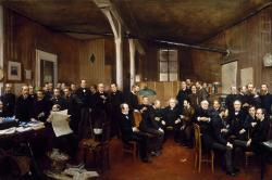 Réunissant l’ensemble des collaborateurs, une quarantaine, parmi lesquels Lavisse, Ernest Renan, Hippolyte Taine, Jules Lemaître, Paul Bourget, Léon Say et Jules Dietz, le peintre a immortalisé l’antique salle de rédaction,