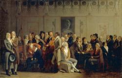 elle représente à la manière d’une frise le peintre Isabey (1767-1855), à gauche, en train d’expliquer à Gérard, assis, le thème d’une de ses toiles, tandis que, tout autour, des artistes s’entretiennent de sujets divers. 
