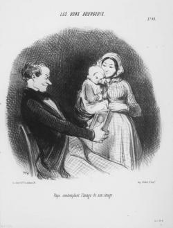 Stigmatisant les contraintes techniques du daguerréotype et le manque d’imagination des photographes d’atelier, Daumier se gausse dans cette série des postures ridicules et des réactions naïves des « bons bourgeois » face au nouveau procédé. 