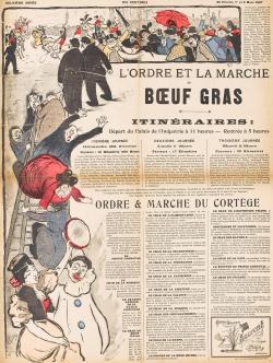 Cette page de journal, datée de 1897, témoigne de la durable popularité de la fête du bœuf gras : minuscule dans l’illustration burlesque qui habille le texte, le cortège met les badauds en liesse