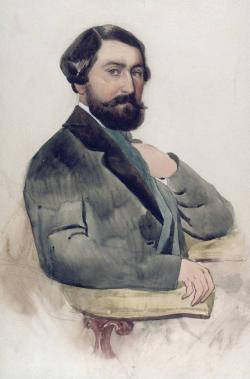 Cette étude à l’aquarelle s’inspire manifestement, pour le visage et la pose, d’un portrait au pastel du comte de Nieuwerkerke exécuté par Eugène Giraud en 1851 et conservé aujourd’hui à Boston dans une collection particulière.